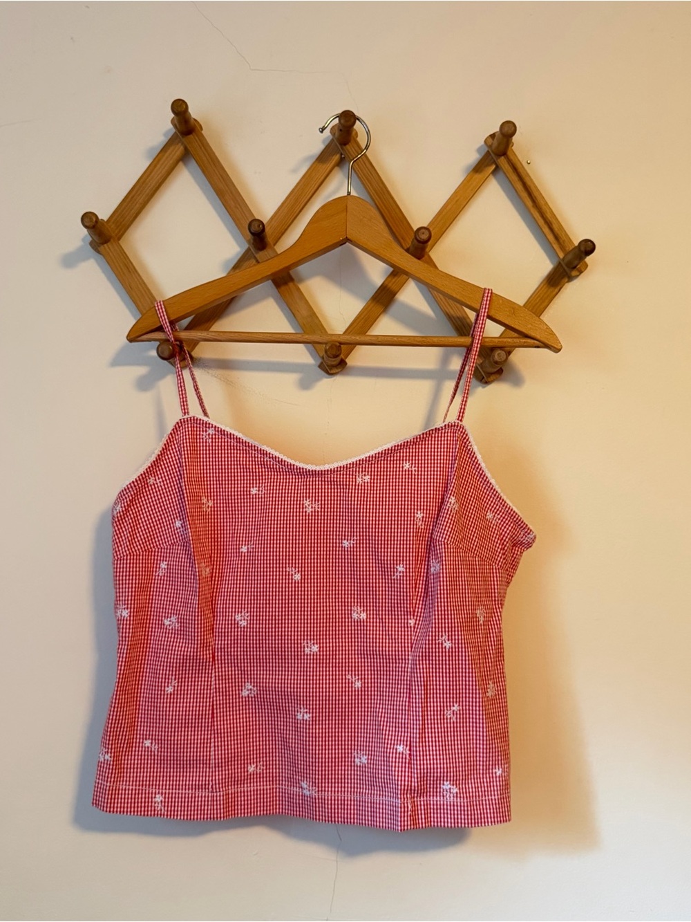 Red Gingham Floral Embroidered Tank Top